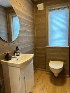 ein Badezimmer mit einem weißen Waschbecken und einem WC in der Unterkunft Nydelig hytte ved Voss Ski og Tursenter in Giljane