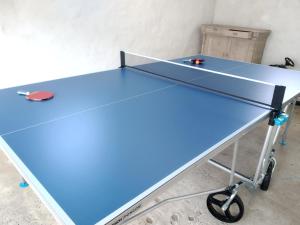 een blauwe tafeltennistafel in een kamer bij B&B Het Polderhof in Jabbeke