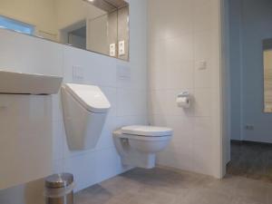 a white bathroom with a toilet and a mirror at Penthouse "Möwenblick", Am Alten Deich 18 8 in Dangast +15 photos