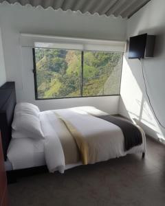 a bedroom with a large bed with a large window at Ecohotel Portillo in Vergara