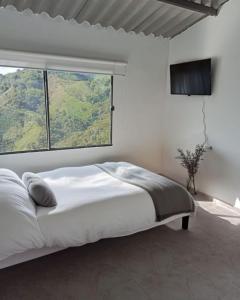 a white bedroom with a large bed and a window at Ecohotel Portillo in Vergara