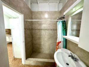 uma casa de banho com um chuveiro e um lavatório. em Tropical Retreat Apt steps away from Combate Beach em Boquerón
