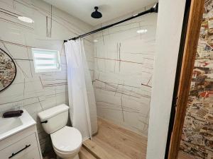 e bagno con servizi igienici, lavandino e doccia. di Centrally Located Modern Studio a San Juan