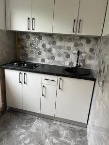 a kitchen with white cabinets and a sink at Green Apartament in Târgu Jiu