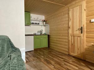 kuchnia i sypialnia z zielonymi szafkami i drzwiami w obiekcie Chata Očovan w Zwoleniu