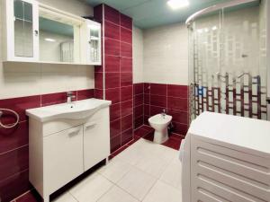 a bathroom with a toilet and a sink and a shower at Skajla Apartments in Medulin