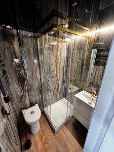 a bathroom with a shower and a toilet and a sink at Houseboat EnergyApart in Szczecin
