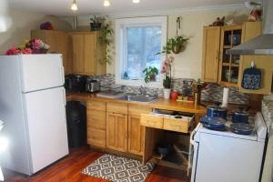 a kitchen with wooden cabinets and a white refrigerator at Long Mountain Suite W/Hot tub in Amherst