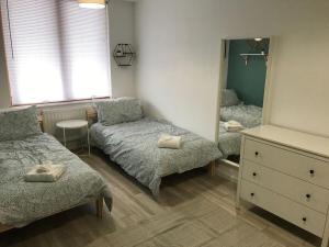布里斯托的住宿－May Disc - Long Stay - Contractors，一间卧室配有两张床和镜子