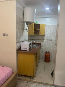 a small kitchen with a sink and a microwave at Ibiyemi Apartment in Abuja