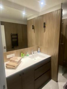 La salle de bains est pourvue d'un lavabo et d'un miroir. dans l'établissement Apartment Viesturdārz, à Riga