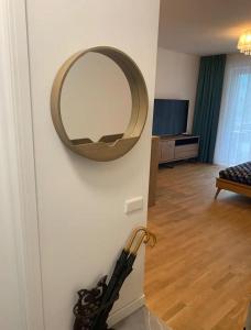 a mirror hanging on a wall next to a living room at Apartment Viesturdārz in Rīga