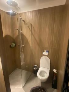 a bathroom with a toilet and a glass shower stall at Apartment Viesturdārz in Rīga