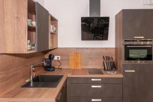 eine Küche mit einer Spüle und einer Arbeitsplatte in der Unterkunft Appartement avec terrasse in Libourne