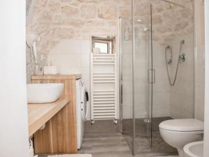 a bathroom with a shower and a toilet and a sink at Masseria trulli pietra antica in Noci