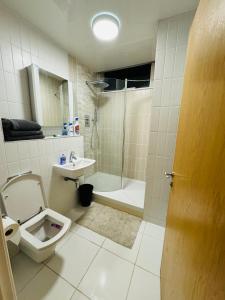 een badkamer met een toilet, een wastafel en een douche bij Glass Pavilion in Brighton & Hove