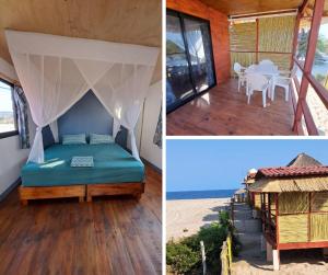 Habitación con cama y vistas a la playa en Cabañas Alta Mar en Guayabas