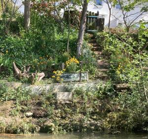 a garden with some flowers on the side of a river at Péniche sur la Seine pour les Jeux Olympiques 2024 à Paris in Choisy-le-Roi