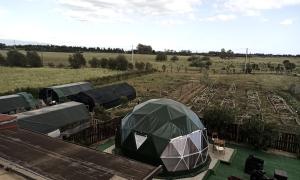 ein Zelt in der Mitte eines Feldes mit Stühlen in der Unterkunft Podere Kiri Dome Experience in Decimomannu