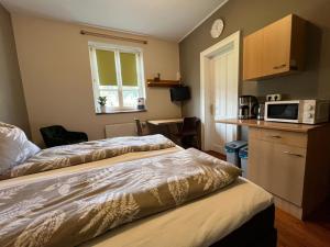 a hotel room with two beds and a microwave at 3144 Ferien am SCHLOSS WALD Ap DAVINCI in Wald