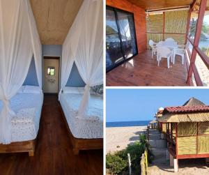 two pictures of a room with a bed and a table at Cabañas Alta Mar in Guayabas