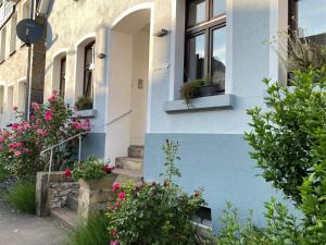 a blue building with flowers in the windows at Reisekultouren Apartments Detmold in Detmold