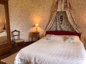 um quarto com uma cama de dossel e uma cadeira em Château de la Mothe em Saint-Sulpice-en-Pareds