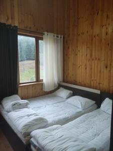 2 camas en una habitación con ventana en Shaa-boto, en Alamedin