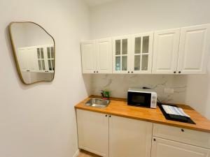 cocina con encimera con fregadero y espejo en Apartman No. 2, en Zagreb