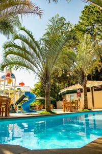 a pool with palm trees and a slide at Park Hotel Modelo in Pinhalzinho