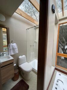 a bathroom with a toilet and a glass shower at Casa del Oro in Suesca