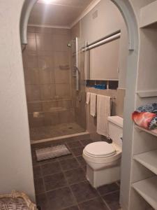 W łazience znajduje się prysznic, toaleta i przeszklony prysznic. w obiekcie SMAPERS GUESTHOUSE w mieście Brits