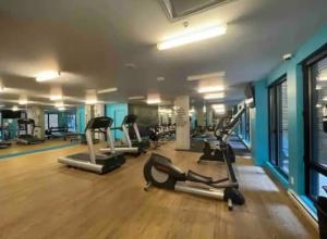 a gym with several treadmills and elliptical machines at Stuning penthouse old montreal in Montreal