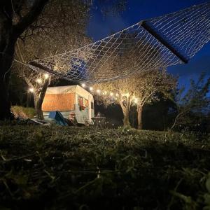 uma tenda é iluminada à noite com luzes em Habitat Eco Farm em Sorrento