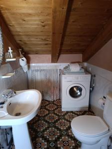 y baño con lavabo y lavadora. en Apartamentos Turisticos La vida de antes, en Consuegra