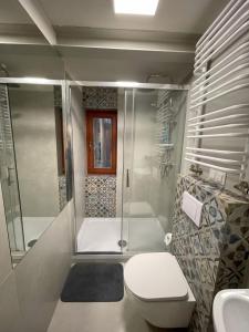ein Bad mit einer Dusche, einem WC und einem Waschbecken in der Unterkunft DOMKI w LESIE NAD RZEKĄ in Mienzebrosche