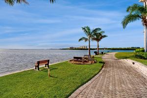 a park with benches and palm trees next to the water at Clearwater Captivation in Clearwater