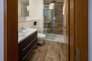 a bathroom with a sink and a toilet and a shower at Bauern-Ferienhaus-im-Allgaeu in Buchenberg