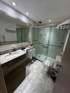 a bathroom with a shower and a toilet and a sink at Flat VI - Quarto particular dentro do Hotel (WTC) in São Paulo