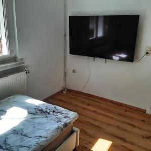 Cette chambre dispose d'une télévision murale à écran plat. dans l'établissement Monteurunterkunft Ferienhaus Südthüringen, à Schwallungen