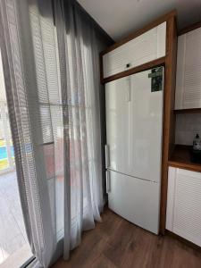 a kitchen with a refrigerator next to a window at Tatil başlasın in Seferihisar