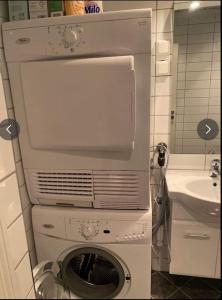 a washing machine in a bathroom next to a sink at Heimro in Torvetjørn