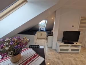 a living room with a television and a table with flowers at Apartament KNIEJA LUX in Tuchola