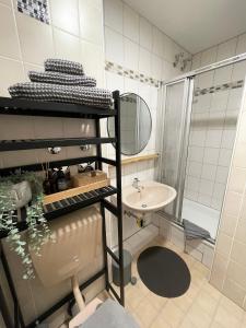ein kleines Bad mit einem Waschbecken und einem Spiegel in der Unterkunft Kleine Waldpause in Bad Sachsa