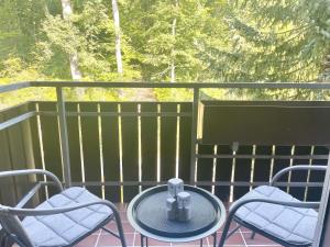 einen Tisch und zwei Stühle auf einer Veranda mit Aussicht in der Unterkunft Kleine Waldpause in Bad Sachsa