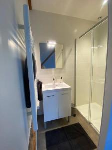 La salle de bains est pourvue d'un lavabo blanc et d'une douche. dans l'établissement Sympathique T3 cœur de village, à Viuz-en-Sallaz