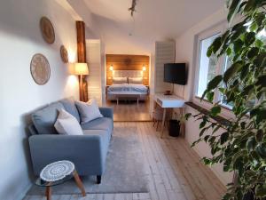 a living room with a couch and a bed at Boutique-Hotel Krone in Denzlingen