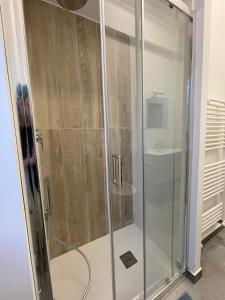 y baño con ducha y puerta de cristal. en Maison Cristina, en Lido di Ostia