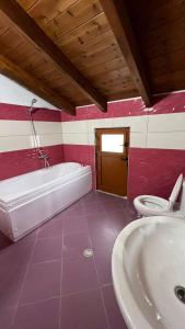 La salle de bains est pourvue d'un lavabo, d'une baignoire et de toilettes. dans l'établissement Idili Historik i Kodrës, à Berat