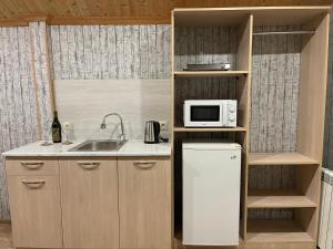 uma cozinha com um frigorífico branco e um micro-ondas em VeraNda em Tbilisi
